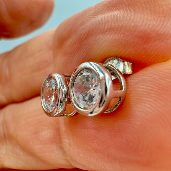 Ross-Simons CZ Round Stud Earrings 925 Sterling Silver Signed Tested Bezel Set - Picture 4 of 13